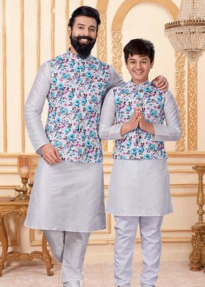 3 Pc Multicolor Dupion Silk Father And Son Combo