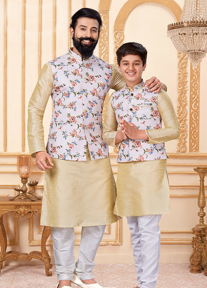 3 Pc Multicolor Dupion Silk Father And Son Combo