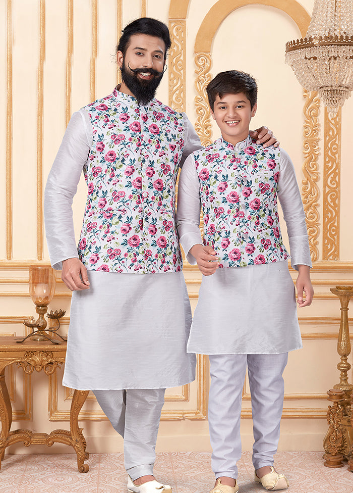 3 Pc Multicolor Dupion Silk Father And Son Combo