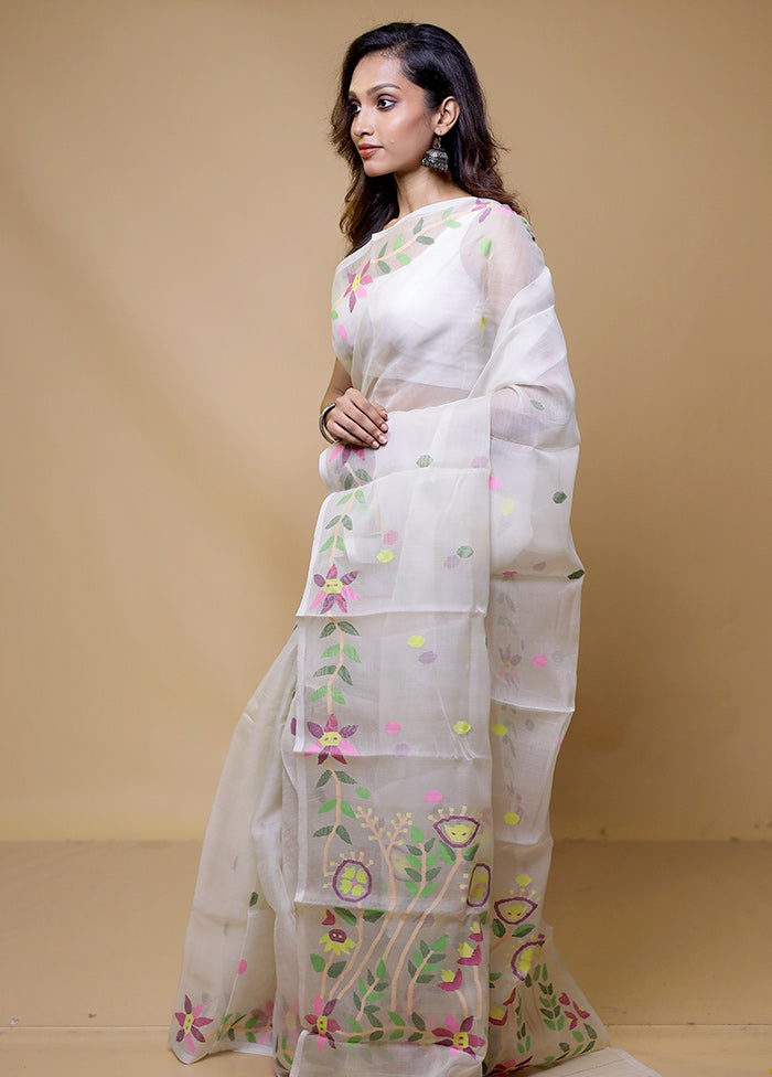 White Handloom Tussar Pure Silk Saree With Blouse Piece