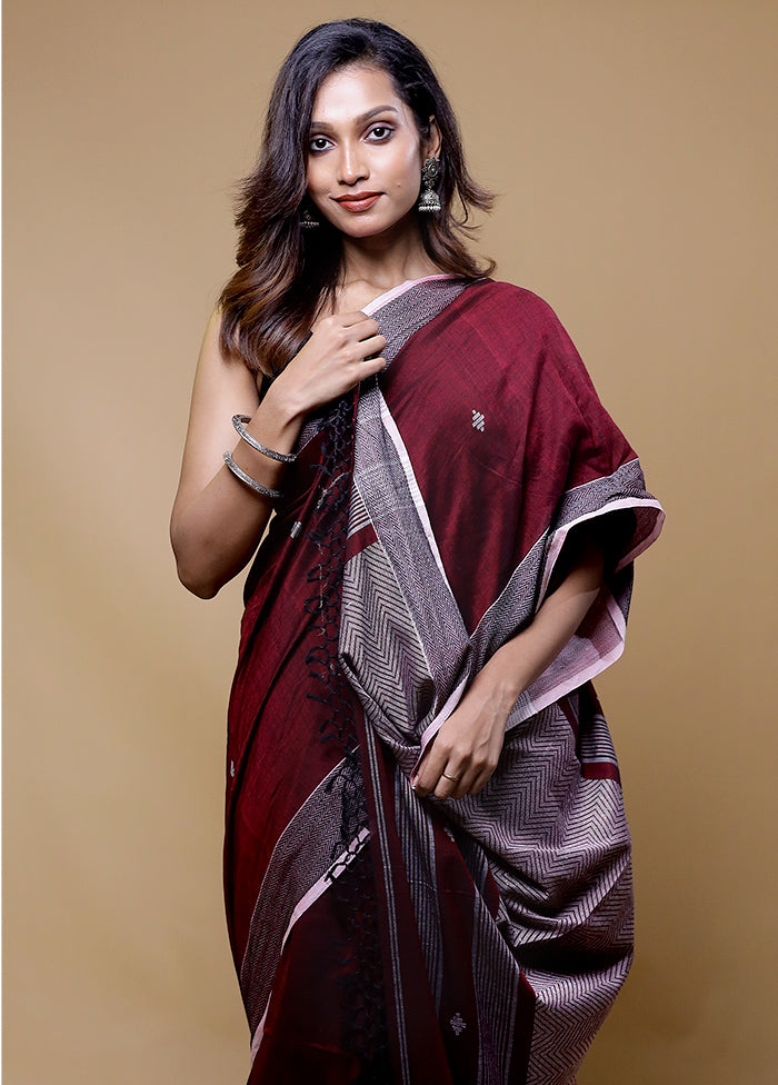 Maroon Pure Cotton Saree With Blouse Piece