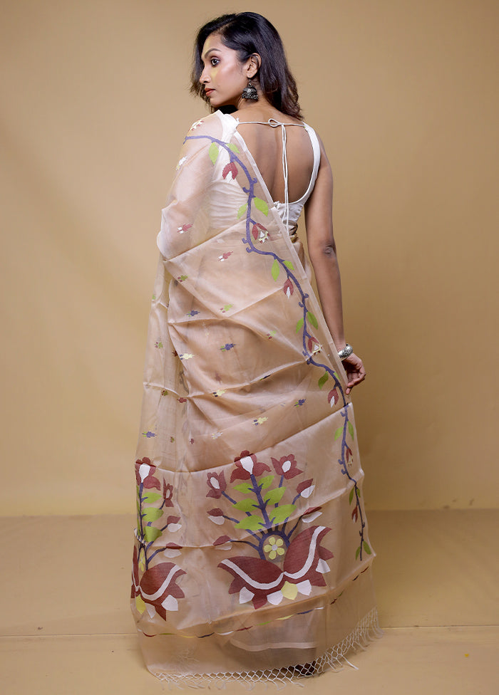 Peach Handloom Tussar Pure Silk Saree With Blouse Piece