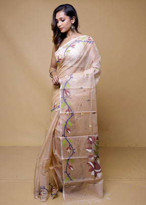 Peach Handloom Tussar Pure Silk Saree With Blouse Piece