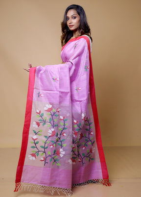 Pink Handloom Tussar Pure Silk Saree With Blouse Piece