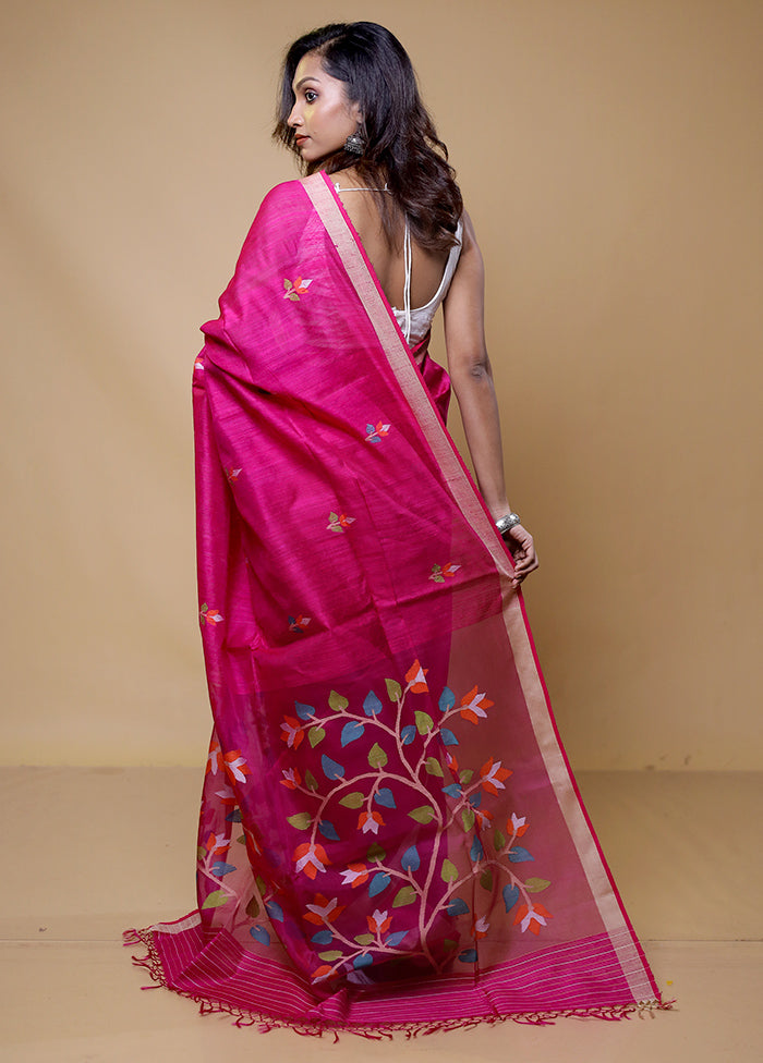 Pink Handloom Tussar Pure Silk Saree With Blouse Piece