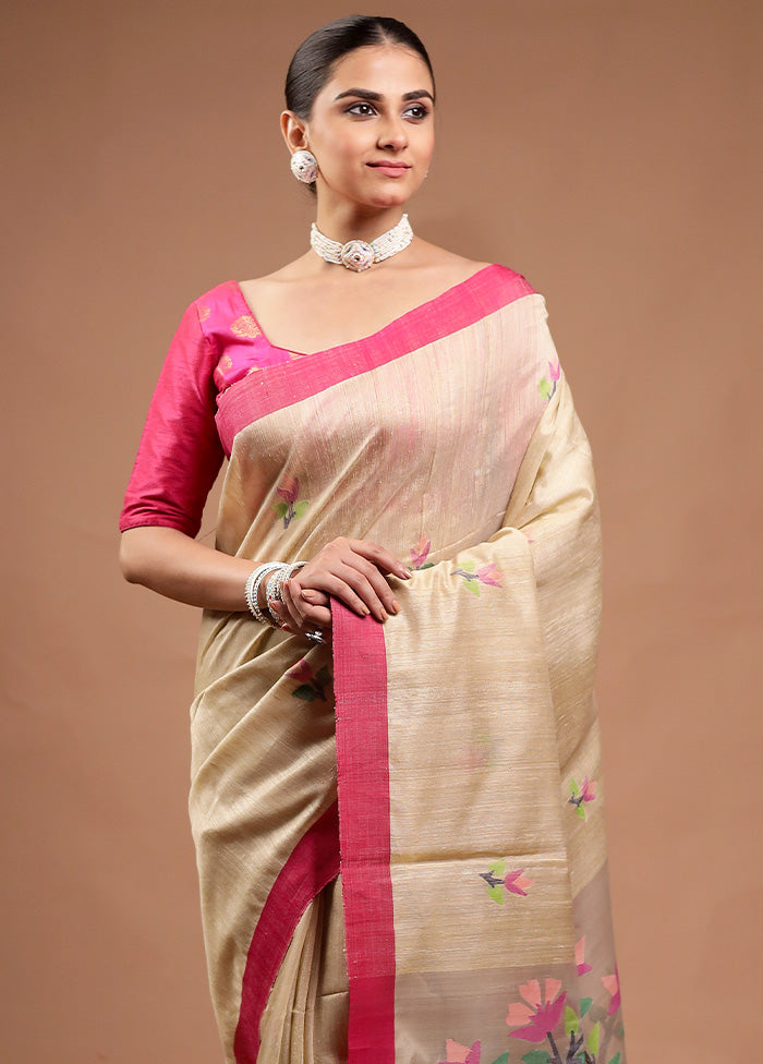 Cream Handloom Tussar Pure Silk Saree With Blouse Piece