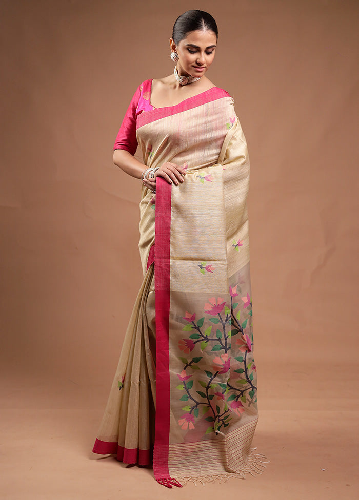 Cream Handloom Tussar Pure Silk Saree With Blouse Piece