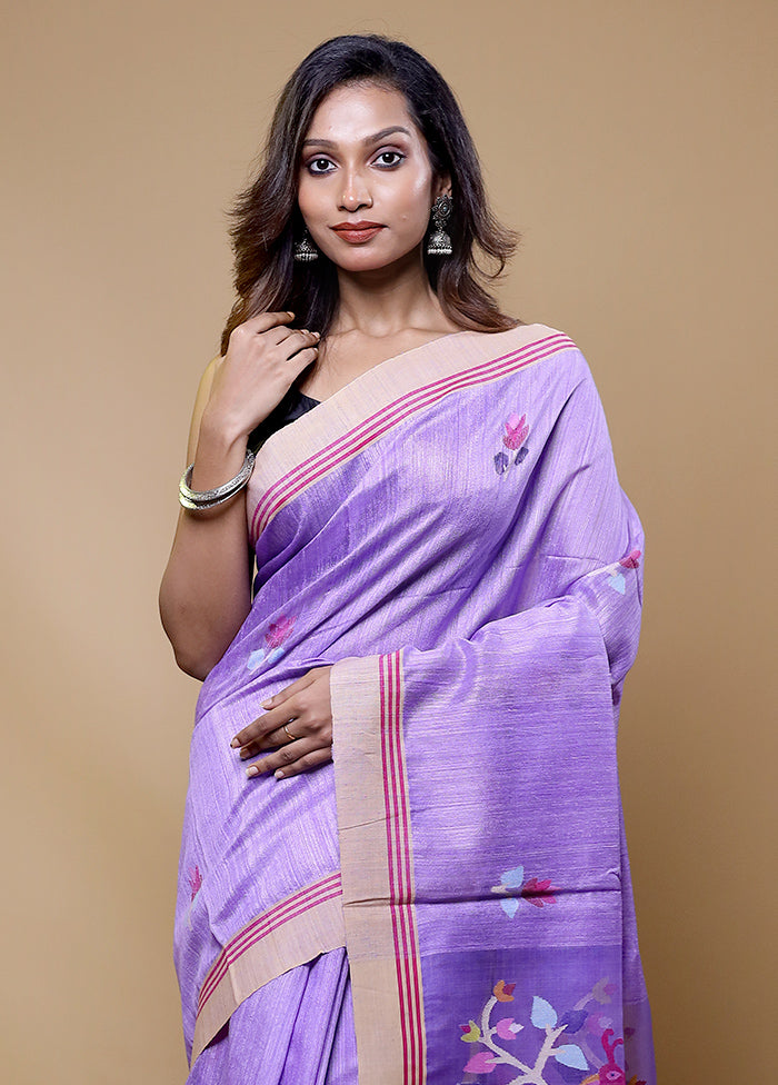 Purple Handloom Tussar Pure Silk Saree With Blouse Piece