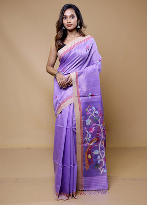 Purple Handloom Tussar Pure Silk Saree With Blouse Piece