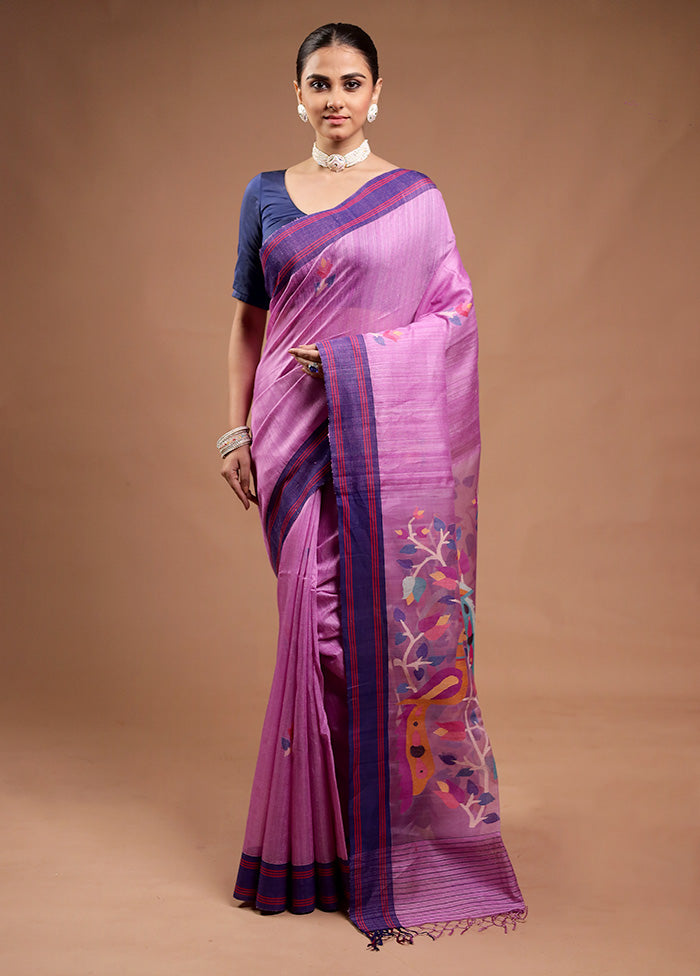 Purple Handloom Tussar Pure Silk Saree With Blouse Piece