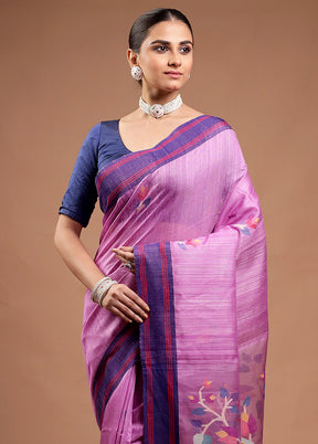 Purple Handloom Tussar Pure Silk Saree With Blouse Piece