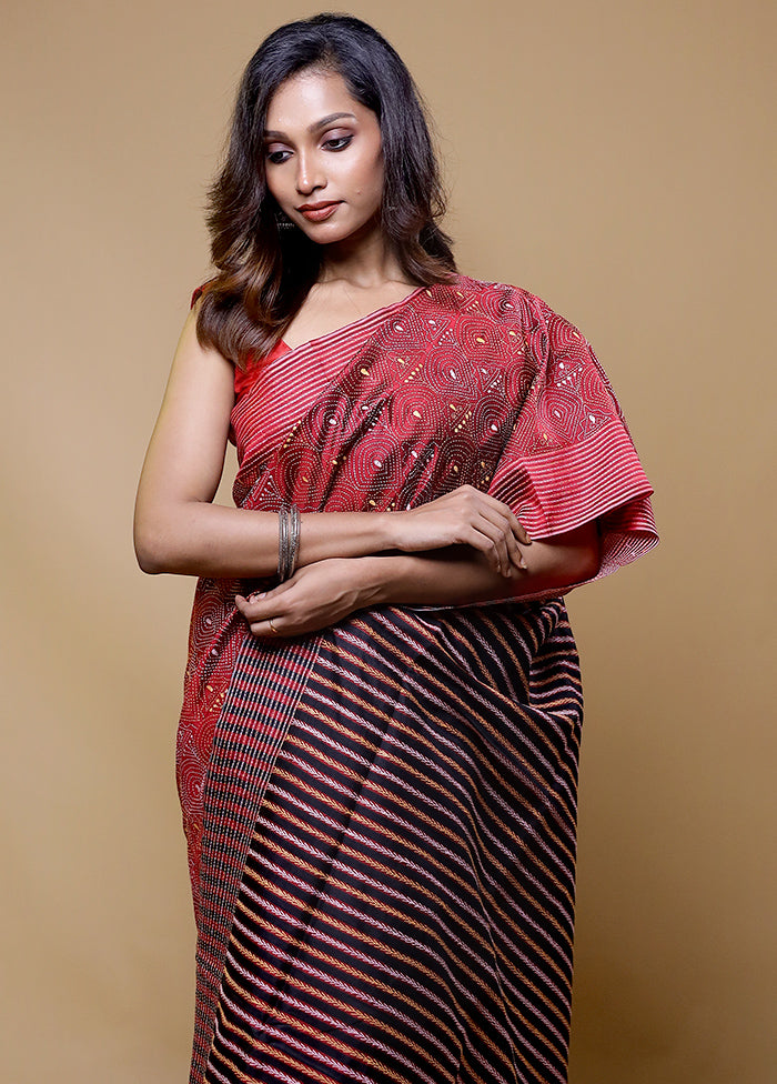 Maroon Handloom Kantha Stitch Pure Silk Saree With Blouse Piece