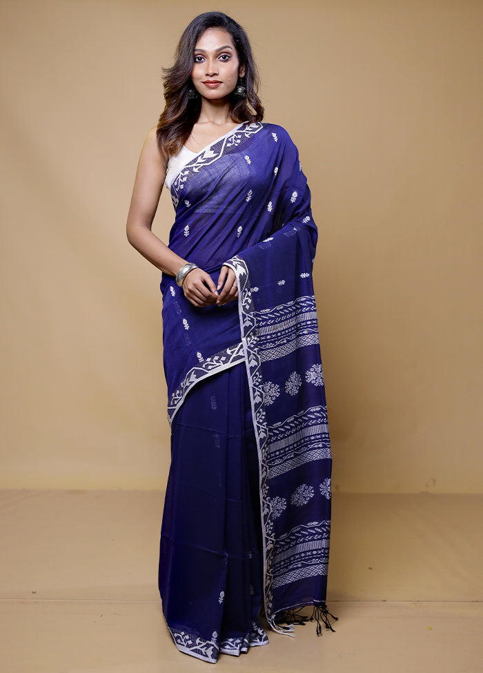 Blue Cotton Saree With Blouse Piece