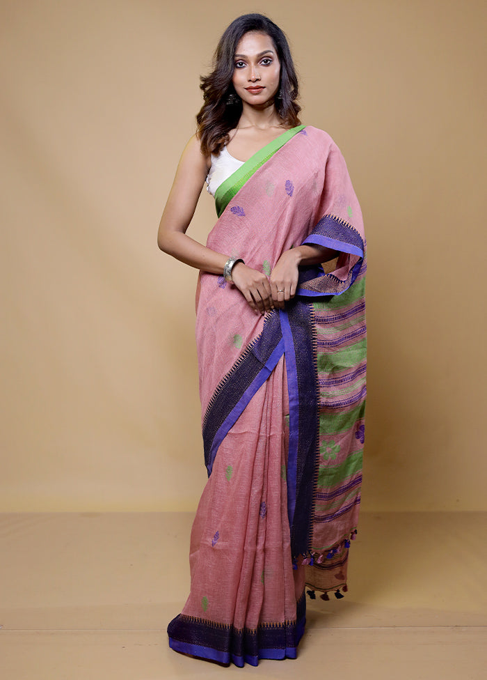 Pink Linen Silk Saree With Blouse Piece