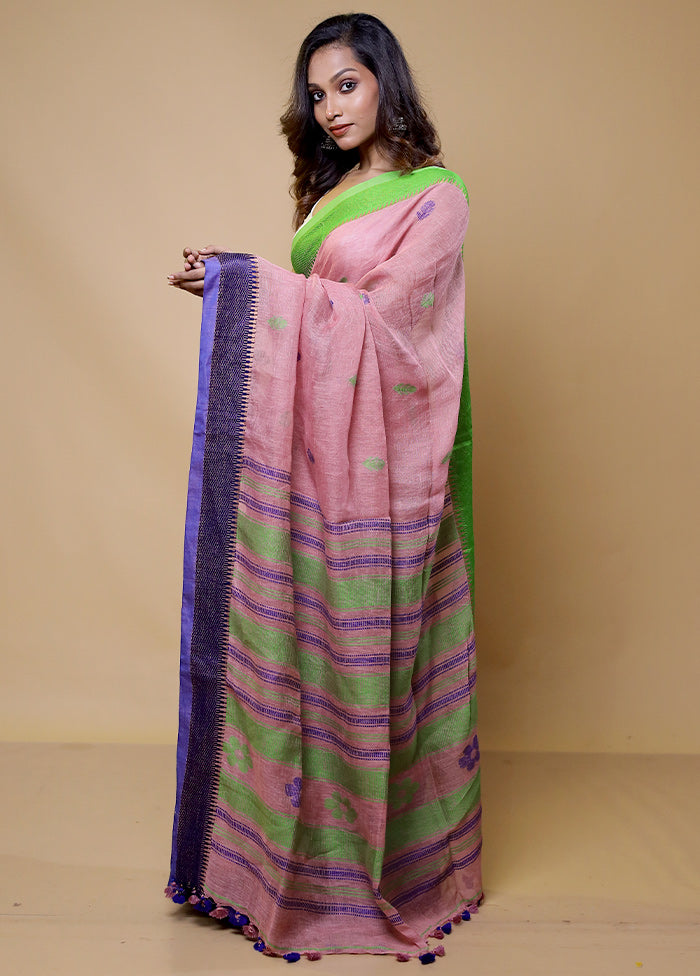 Pink Linen Silk Saree With Blouse Piece