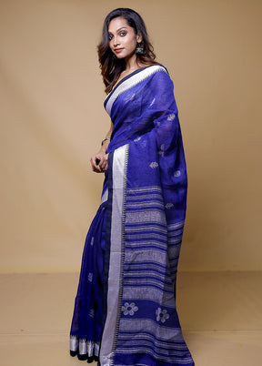 Blue Linen Silk Saree With Blouse Piece