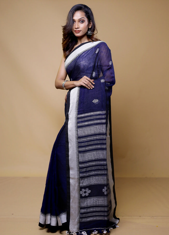 Blue Linen Silk Saree With Blouse Piece