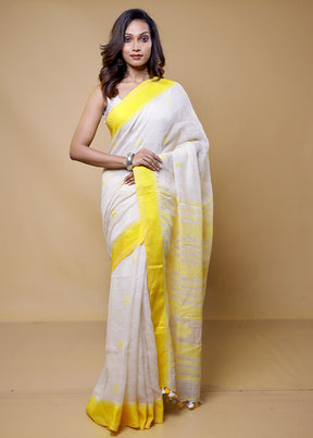 White Linen Silk Saree With Blouse Piece