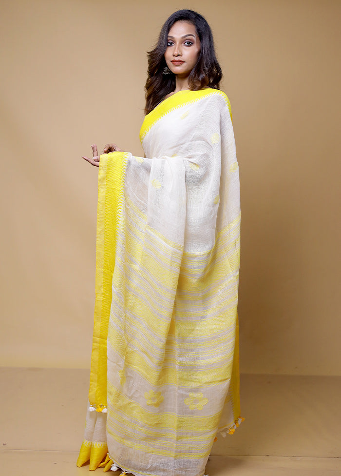 White Linen Silk Saree With Blouse Piece