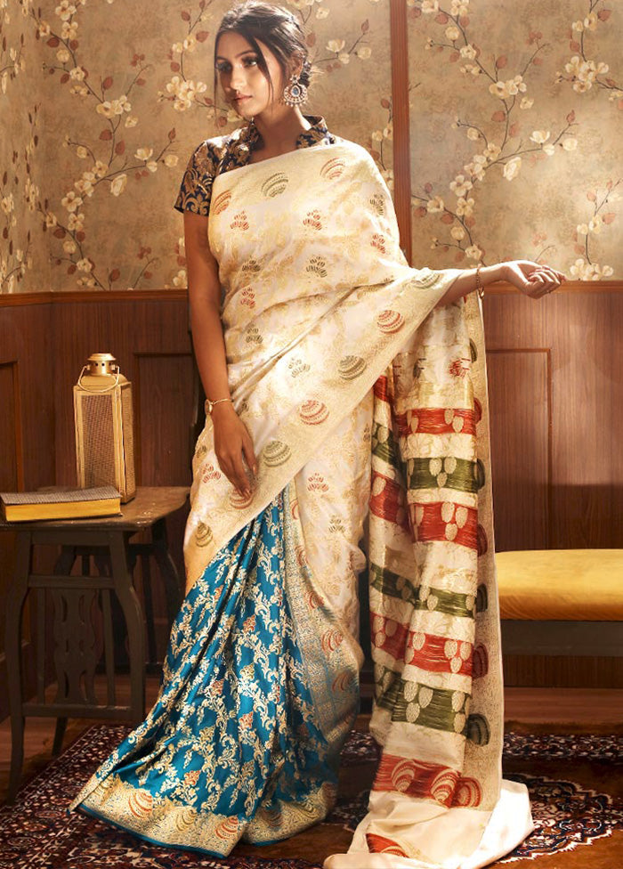 Cream Banarasi Pure Silk Zari Woven Saree With Blouse - Indian Silk House Agencies