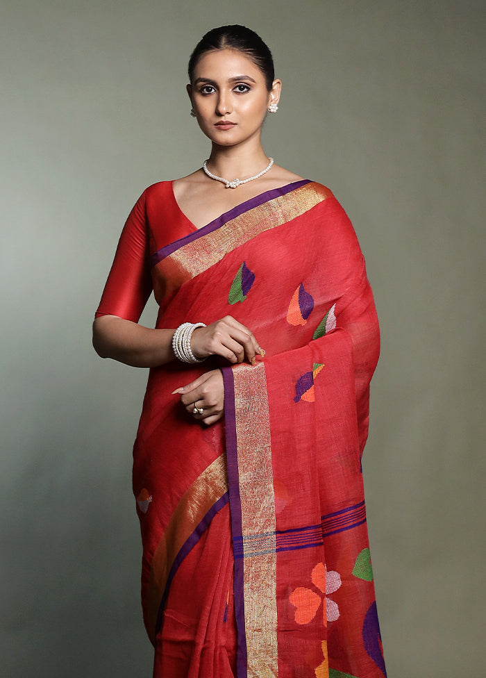 Red Linen Silk Saree With Blouse Piece