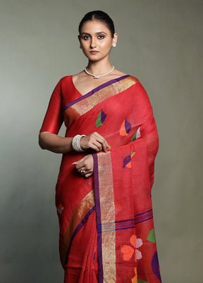 Red Linen Silk Saree With Blouse Piece