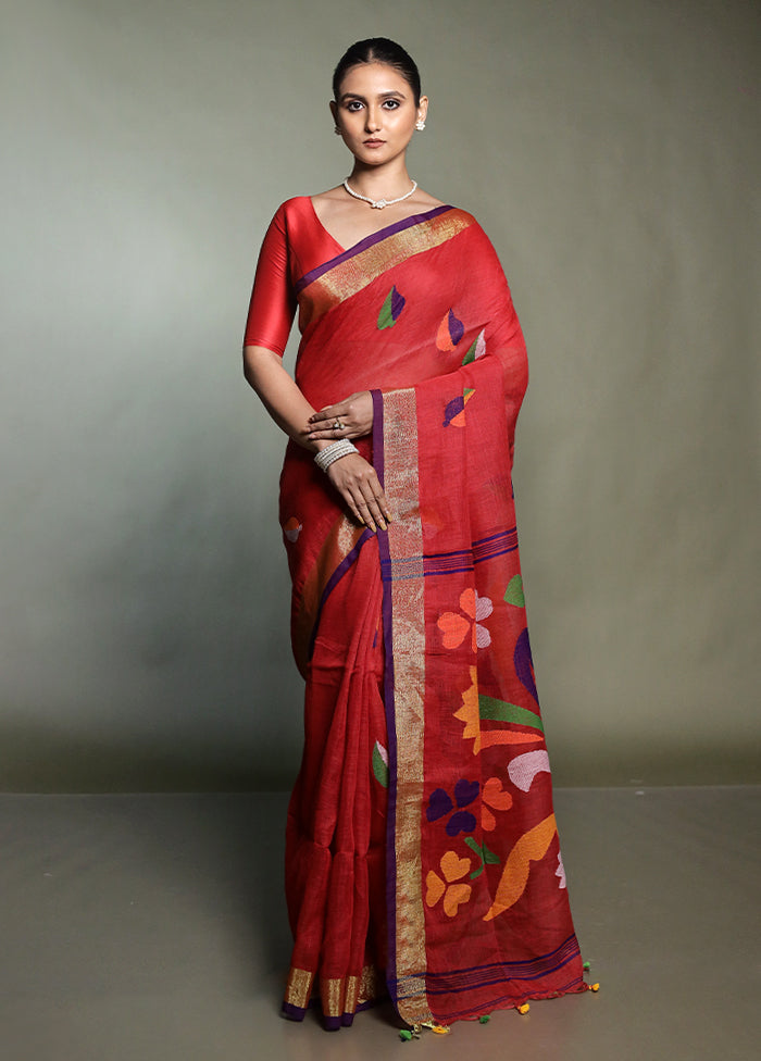 Red Linen Silk Saree With Blouse Piece