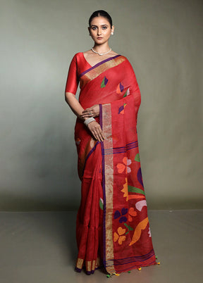 Red Linen Silk Saree With Blouse Piece