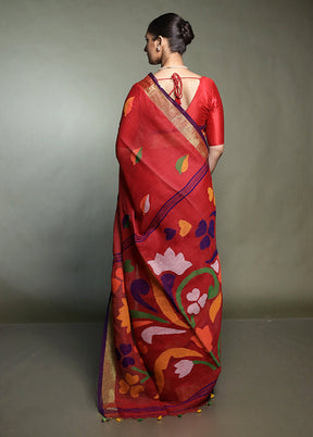 Red Linen Silk Saree With Blouse Piece