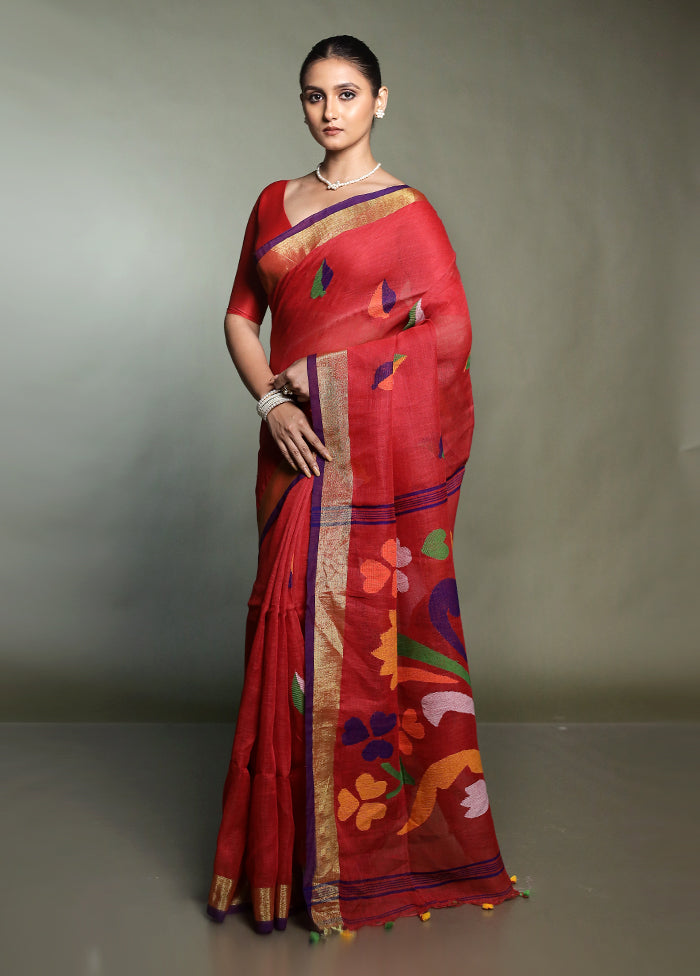 Red Linen Silk Saree With Blouse Piece