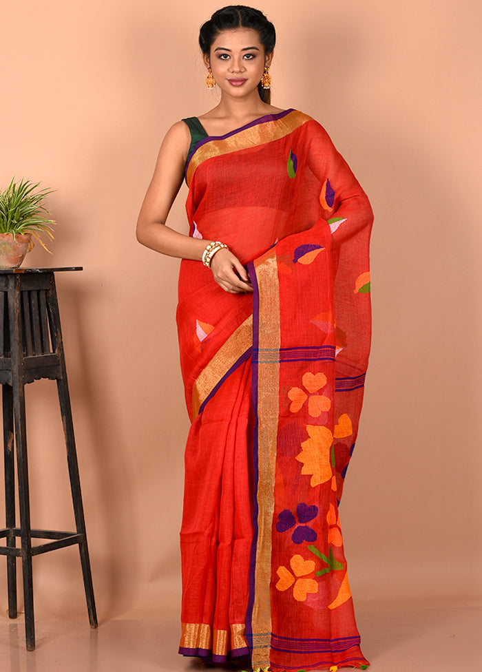 Red Linen Silk Saree With Blouse Piece - Indian Silk House Agencies