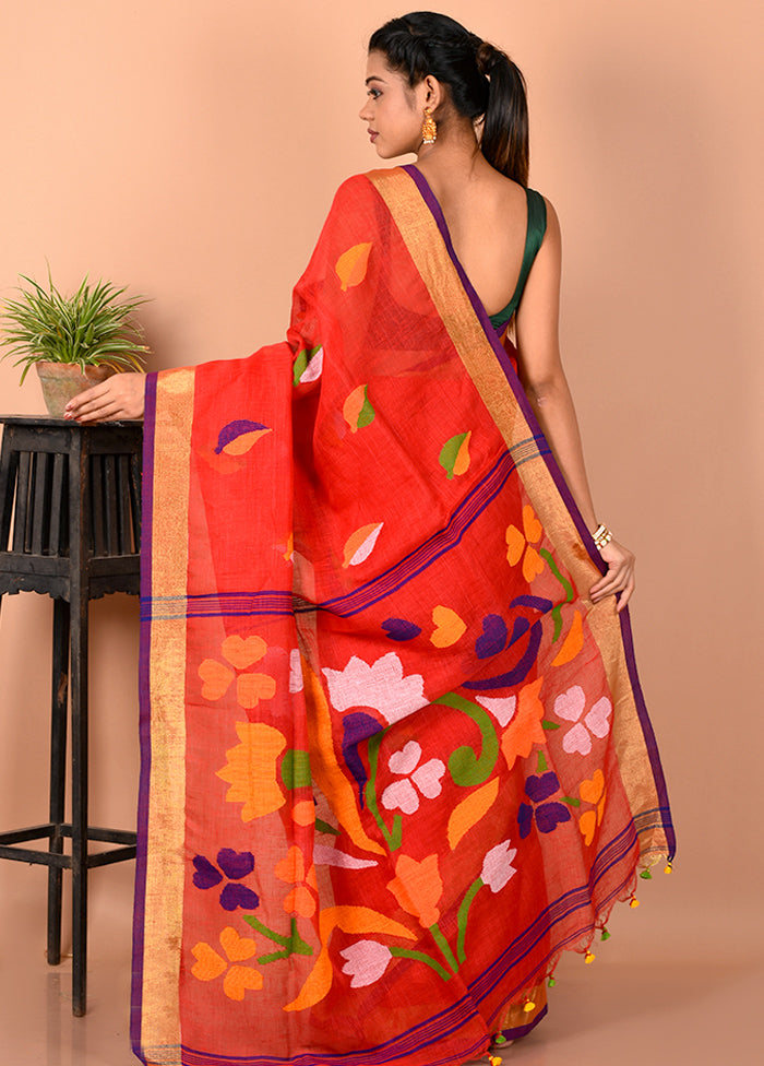 Red Linen Silk Saree With Blouse Piece - Indian Silk House Agencies