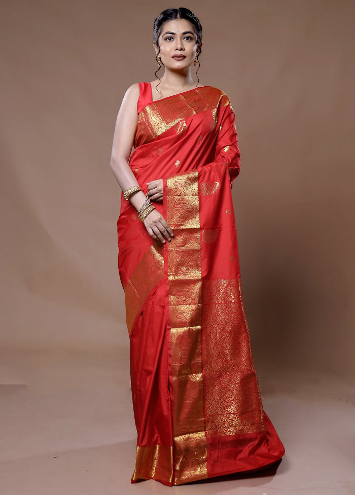 Red Kanjivaram Silk Saree With Blouse Piece - Indian Silk House Agencies