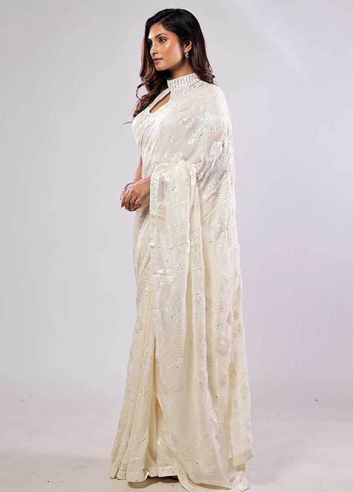White Handloom Pure Georgette Saree With Blouse Piece