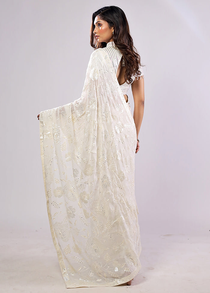 White Handloom Pure Georgette Saree With Blouse Piece