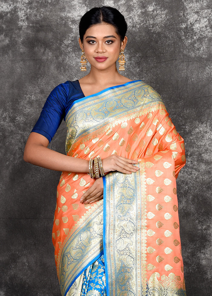 Peach Patli Pallu Banarasi Silk Saree With Blouse Piece - Indian Silk House Agencies