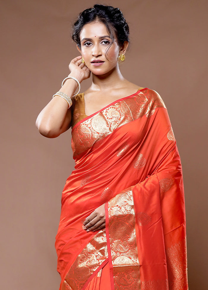 Rust Kanjivaram Silk Saree With Blouse Piece - Indian Silk House Agencies