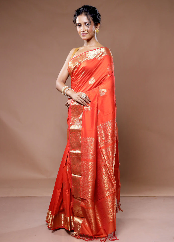 Rust Kanjivaram Silk Saree With Blouse Piece - Indian Silk House Agencies