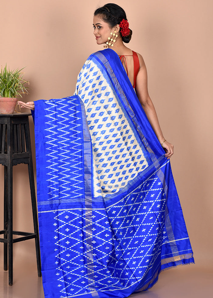 Cream Pure Ikkat Silk Saree Without Blouse Piece - Indian Silk House Agencies