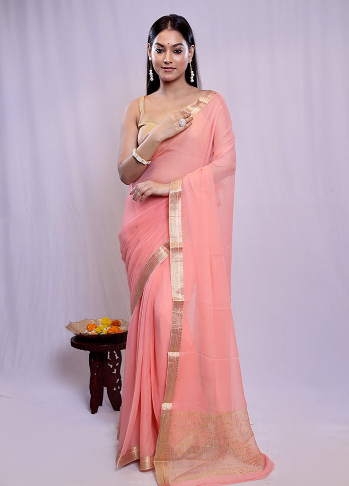 Pink Chiffon Silk Saree With Blouse Piece - Indian Silk House Agencies