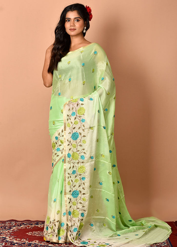 Mint Green Embroidered Chiffon Saree With Blouse Piece - Indian Silk House Agencies