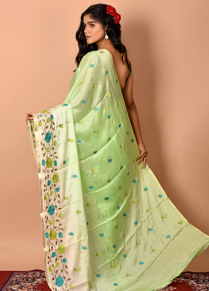 Mint Green Embroidered Chiffon Saree With Blouse Piece - Indian Silk House Agencies