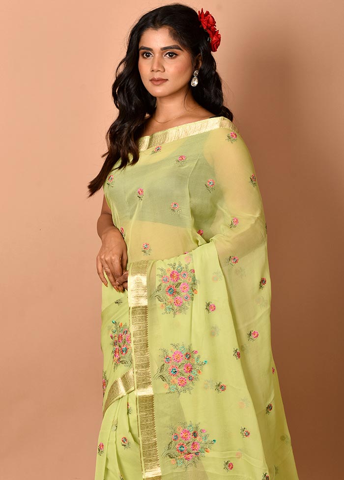 Lemon Green Embroidered Pure Chiffon Saree With Blouse Piece - Indian Silk House Agencies