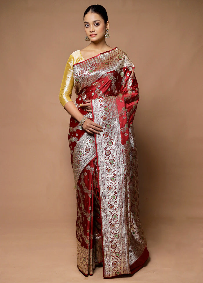 Maroon Banarasi Silk Saree With Blouse Piece