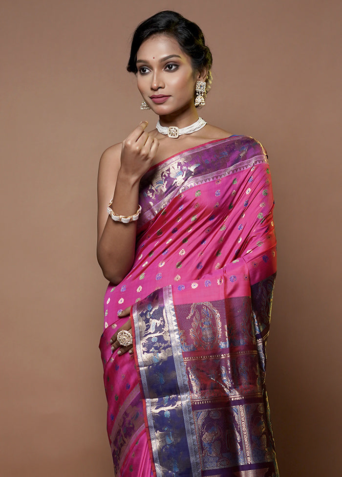 Pink Handloom Baluchari Pure Silk Saree With Blouse Piece