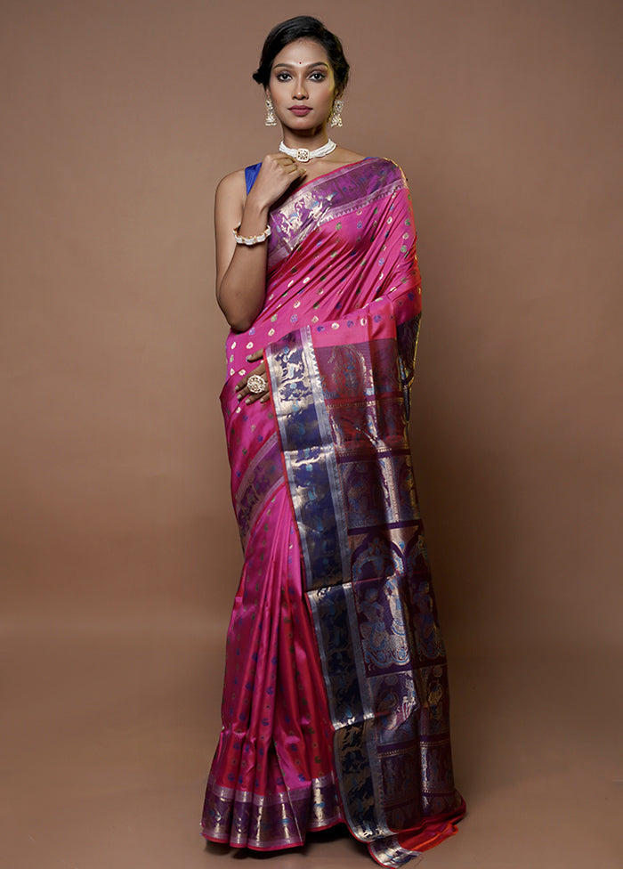 Pink Handloom Baluchari Pure Silk Saree With Blouse Piece