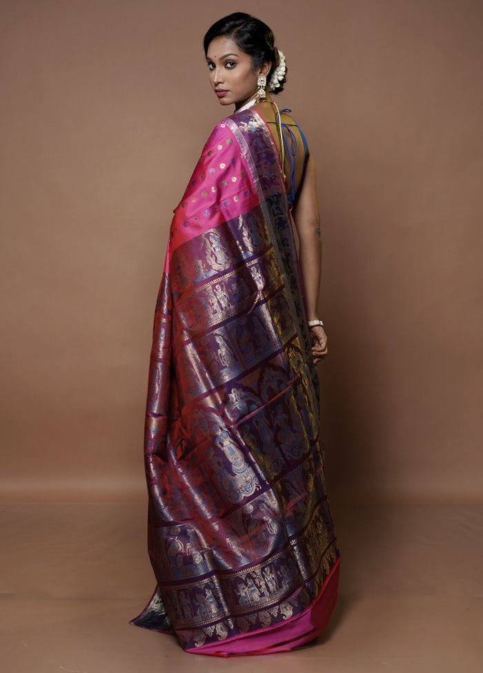 Pink Handloom Baluchari Pure Silk Saree With Blouse Piece