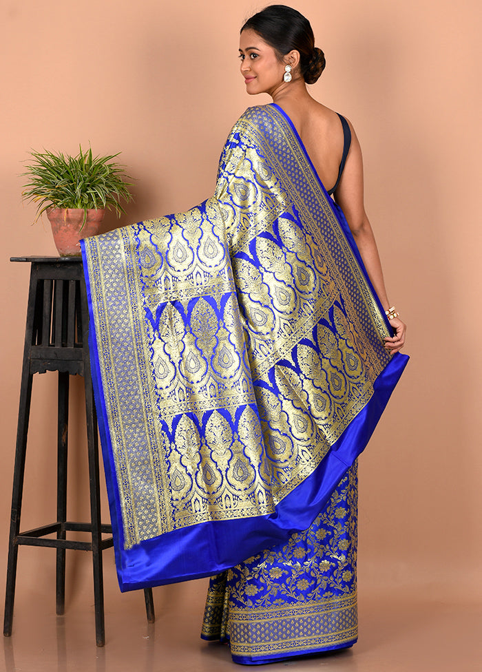 Blue Banarasi Silk Saree With Blouse Piece - Indian Silk House Agencies