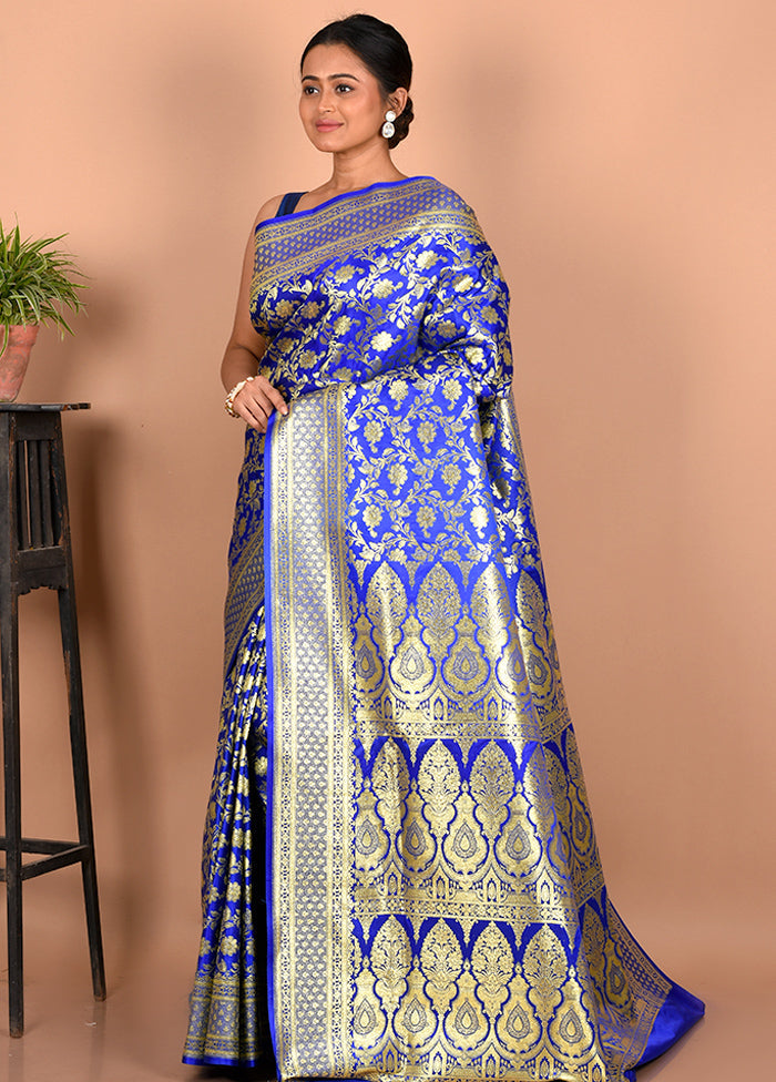 Blue Banarasi Silk Saree With Blouse Piece - Indian Silk House Agencies