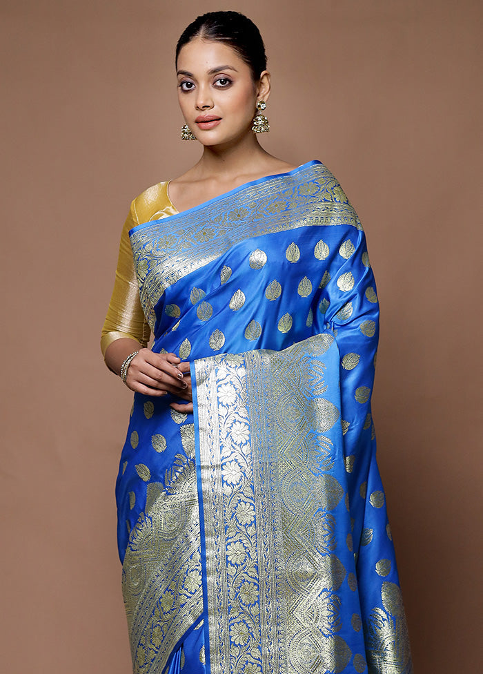 Blue Banarasi Silk Saree With Blouse Piece